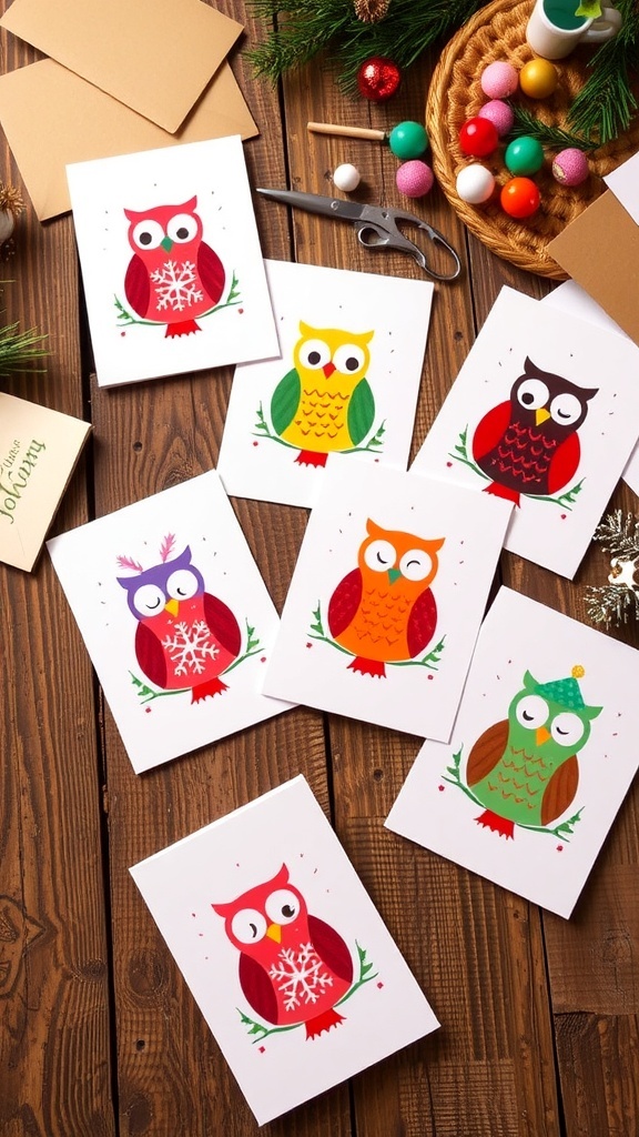 Handmade Christmas cards with owl designs on a wooden table.